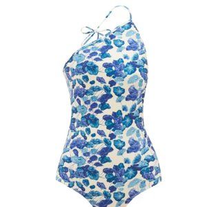 One Shoulder Blue Floral Lotus-print swimsuit